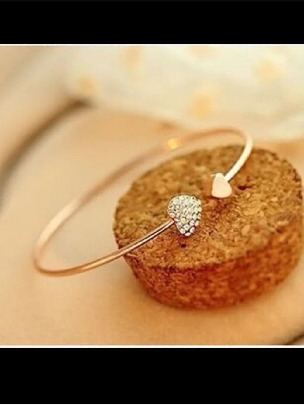 Rose Gold Alloy Heart Rhinestone Open Cuff Bangle Bracelet